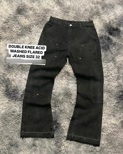 Double knee acid washed flared jeans