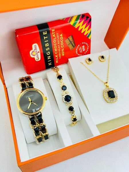 Ladies watch bracelet necklace earrings+ chocolate gift set