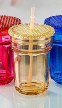 Fashionable Vintage Thick Glass Tumbler with Plastic Straw Hole Lid