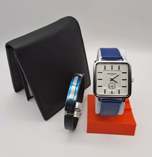 Ensemble de portefeuille, montre Hermès et bracelet, bleu