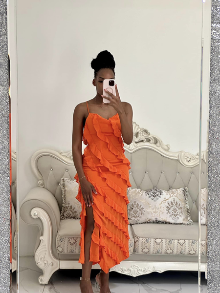 orange ruffled slit below knee sleeveless bodycon dress