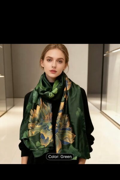 Floral Green Silk Scarf for Women