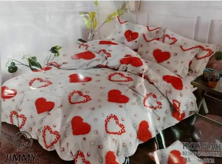 Parure de lit motif coeurs rouge et blanc