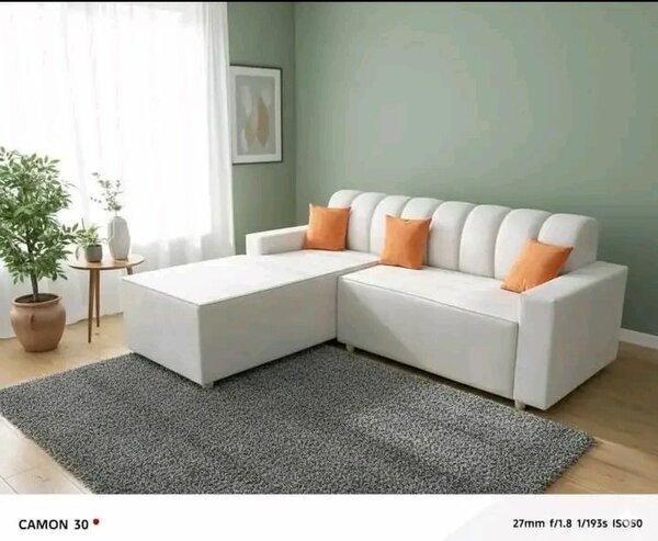 Canapé d'angle convertible en cuir blanc