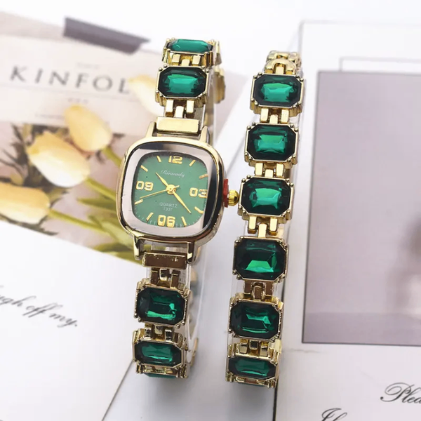 Montre Femme Luxe Émeraude Dorée