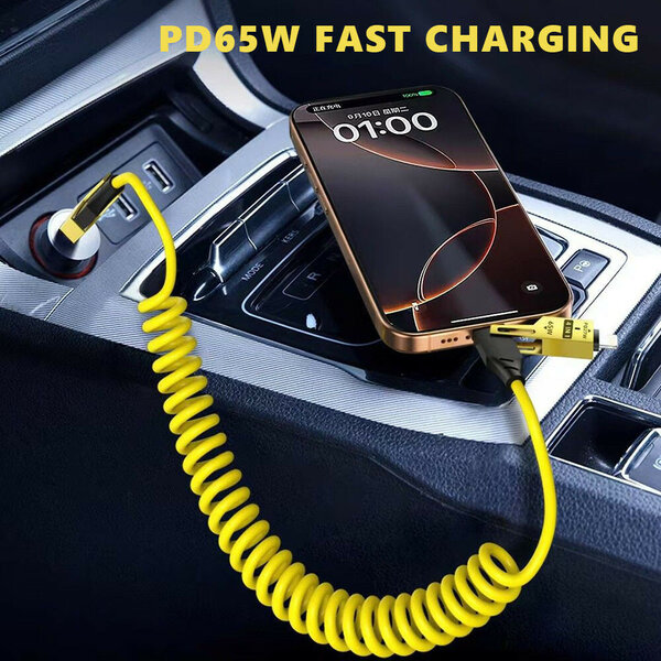 Yellow Coiled USB-C Fast Charging Cable PD 65W