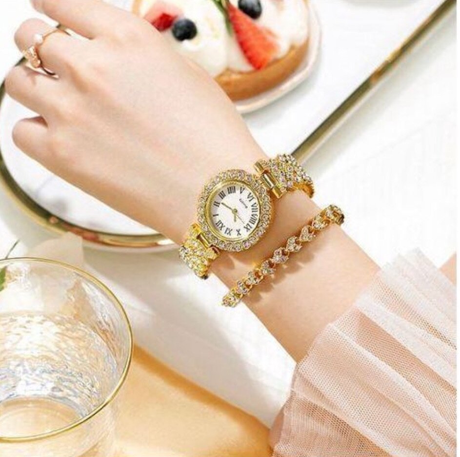 Elegant Studed Ladies Wristwatch With Hand ChainGold Bracel.