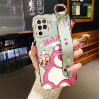 YIWESAN For OPPO F19 Pro Case Whit Wristband New Design Side Square Edge Phone Case Fashion Popular Bear Pattern Plating Silicone Casing Full Cover Camera Shockproof SoftCase Protection Cases
