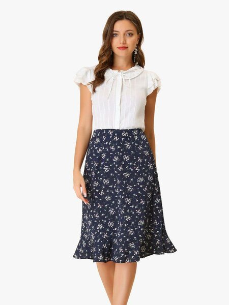 Floral Ruffle Elastic High Waist Button Flowy Split