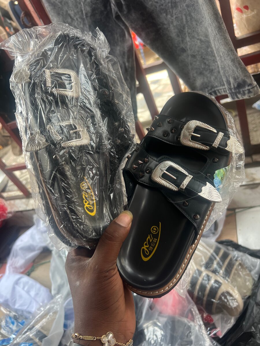 Women's Black Leather Sandals with Silver Buckles