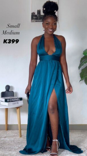 Sea green dress, deep neckline
