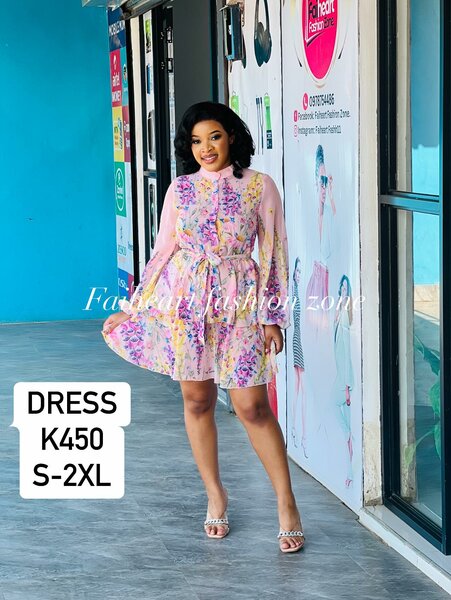 Women's Short Dress with Long Sleeves Pink with Floral Print Sizes: S,M,L,XL,2XL