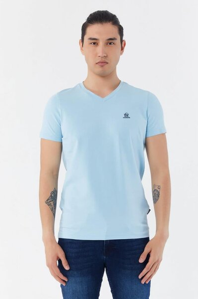 T-shirt bleu homme col V