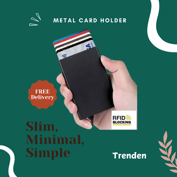 Slim metal matte black card holder with push button rfid blo