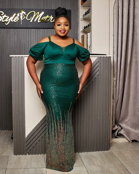 Women's evening dress, green with sequins