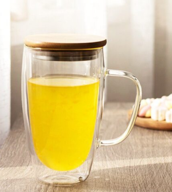Bamboo Lid Double Wall Borosilicate Glass Cup