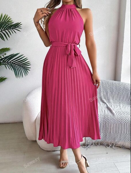 Halterneck pleated belted midaxi