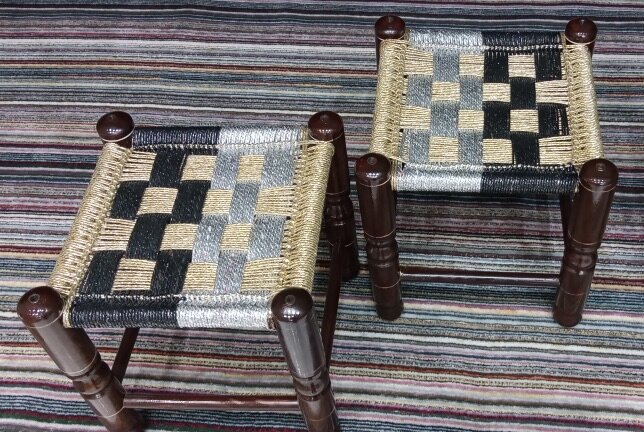 Pair of 2 Wooden Fancy Triple Stools