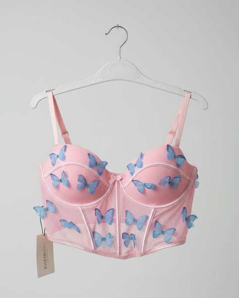 Corset bustier rose papillons bleus