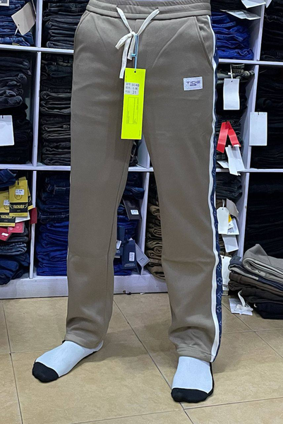 gray pants with blue stripe