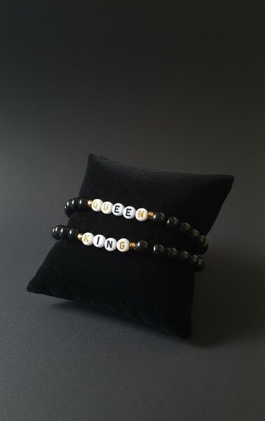 Bracelet couple Queen King noir perles
