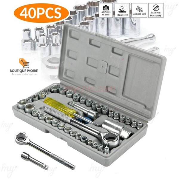 Kit d'outils pour voiture, tournevis et embout, cliquet, clé à douille, clé à main, couple rapide, 40 pièces.