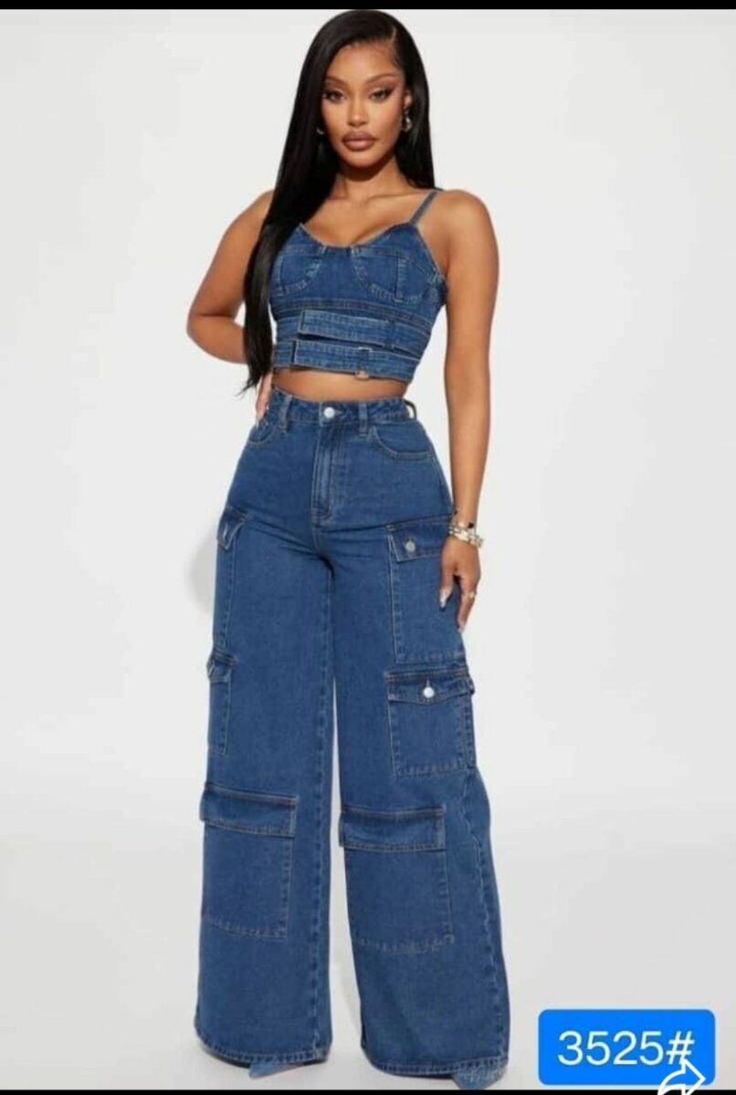 Jeans cargo femme ample bleu