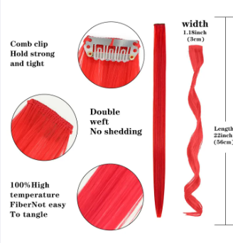 Hair Extensions Clip In Neon Hair Extension Hairpieces Party Highlights Synthetic Halloween Hair Accessories Colored Straight Extension Clip Ins for Kids Girls 22" 1pcs