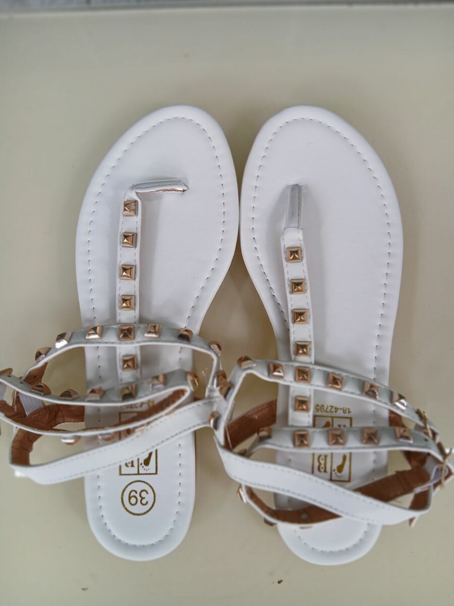 Women's White Flat Sandals with Gold Studs