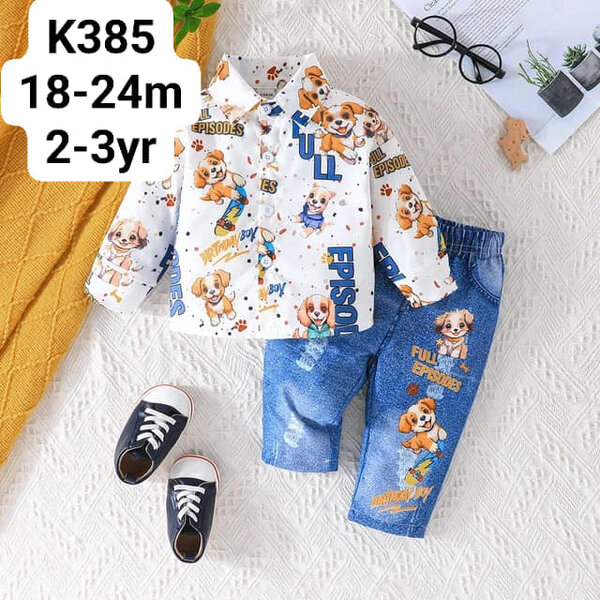 white  jacket with dogs, sneakers and jeans