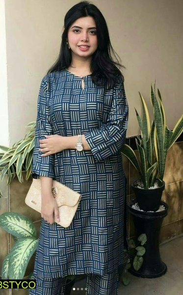 2 Pcs Women's Stitched Linen Printed Suit