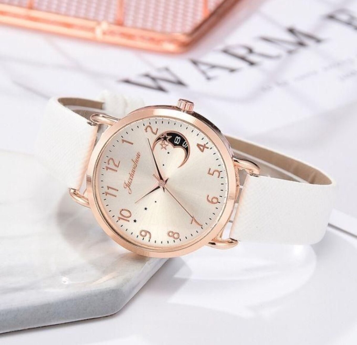Ladies Moon Pattern Dial PU Strap Quartz Watch, Color: Pink