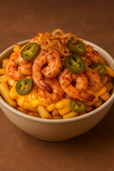 Frites cheddar & crevettes