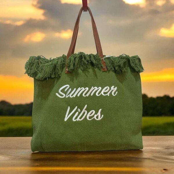 Sac cabas vert en toile avec décor 'Summer Vibes'