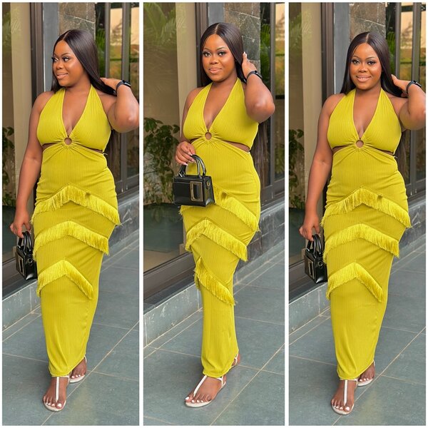 Dress green, maxi, with fringe, size s-2xl