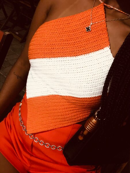 Top en crochet orange blanc