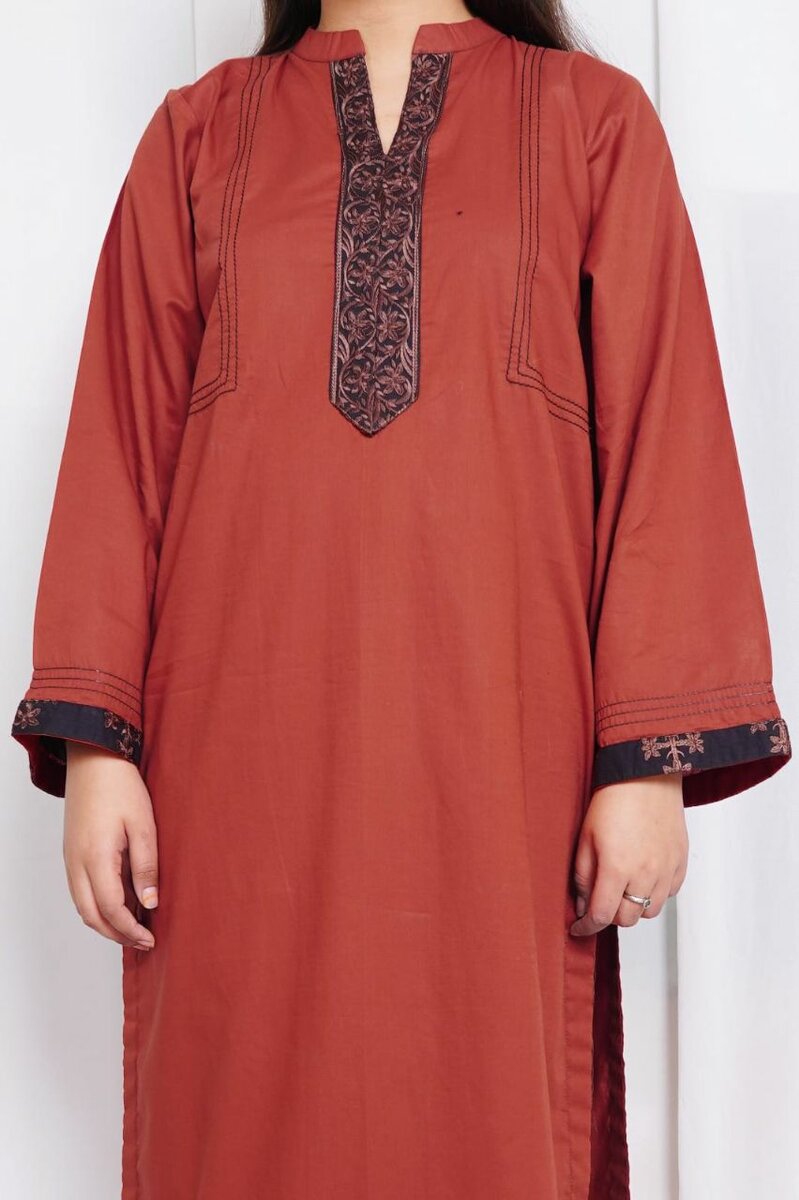 Rust Embroidered Cotton Kurta Set