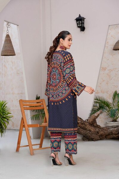 Woman's Stitched Mirror Work Printed Shirt and Trouser