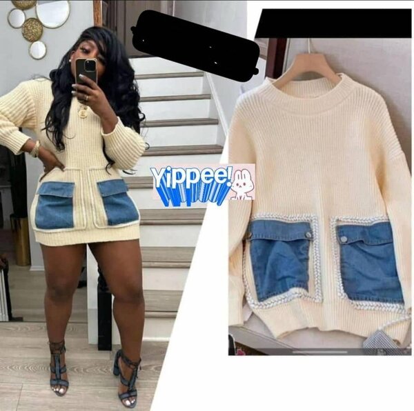 Pull Robe Beige avec Poches Denim