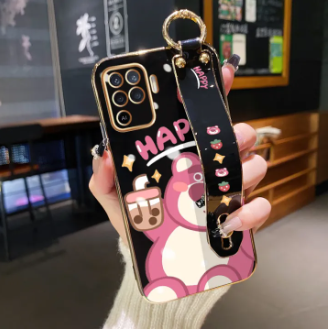YIWESAN For OPPO F19 Pro Case Whit Wristband New Design Side Square Edge Phone Case Fashion Popular Bear Pattern Plating Silicone Casing Full Cover Camera Shockproof SoftCase Protection Cases