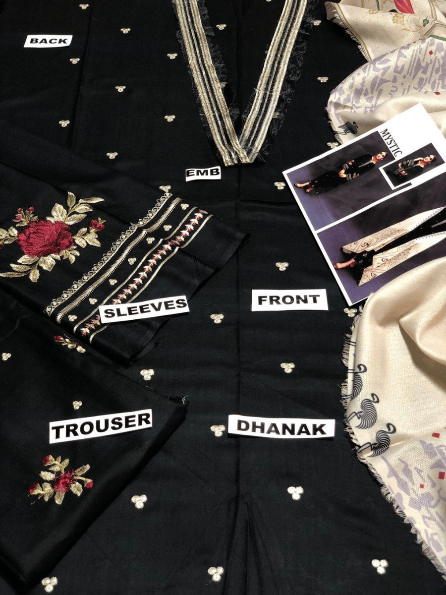 3 Pcs Women  unstitched Dhunka Embroidery Suit