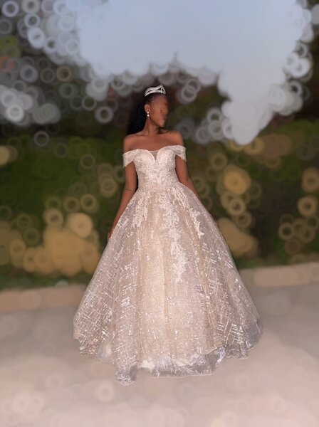 Nude wedding ballgown for hire.