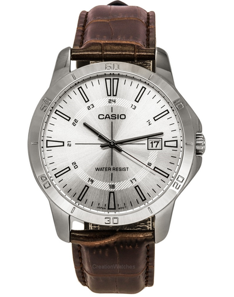 MTP-V004L-7CUDF Casio Silver Dial Brown Leather Strap Analog