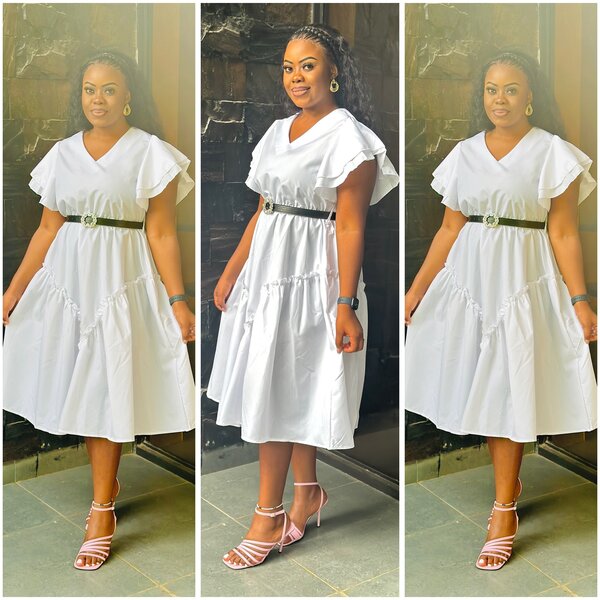 White dress, loose fit, flounce sleeves, size S-2xl