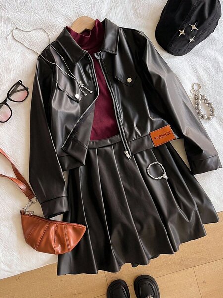 Veste et jupe en similicuir