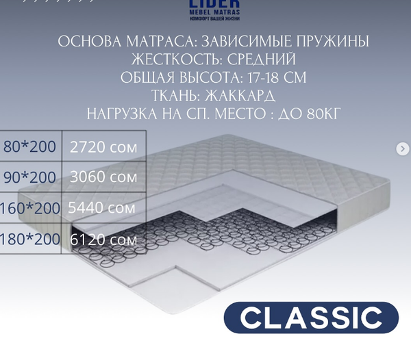 Идеальный матрас для комфортного сна – в Leader, CLASSIC  размер 180*200