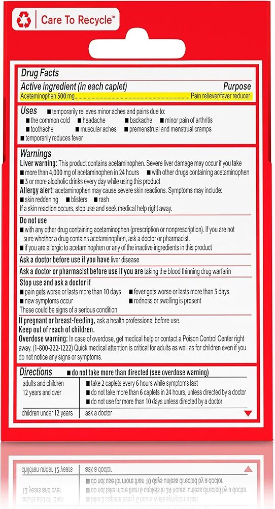 Tylenol Acetaminophen Extra Strength Caplets. 500mg.