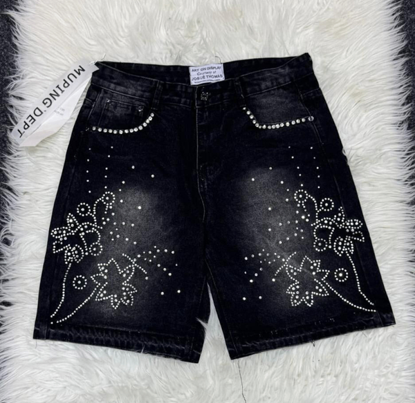 Shorts en jean noir à strass