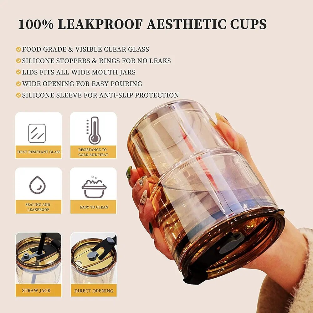 Multi-purpose Glass Mug Cup with Lid & Straw