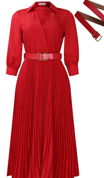 Women's red dress with pleating and belt.